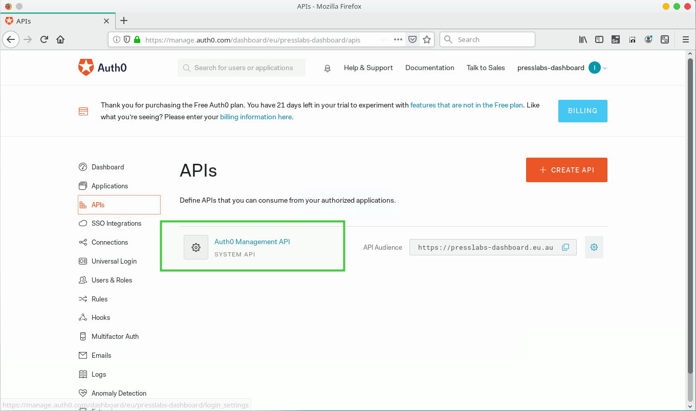 Auth0 APIs Dashboard