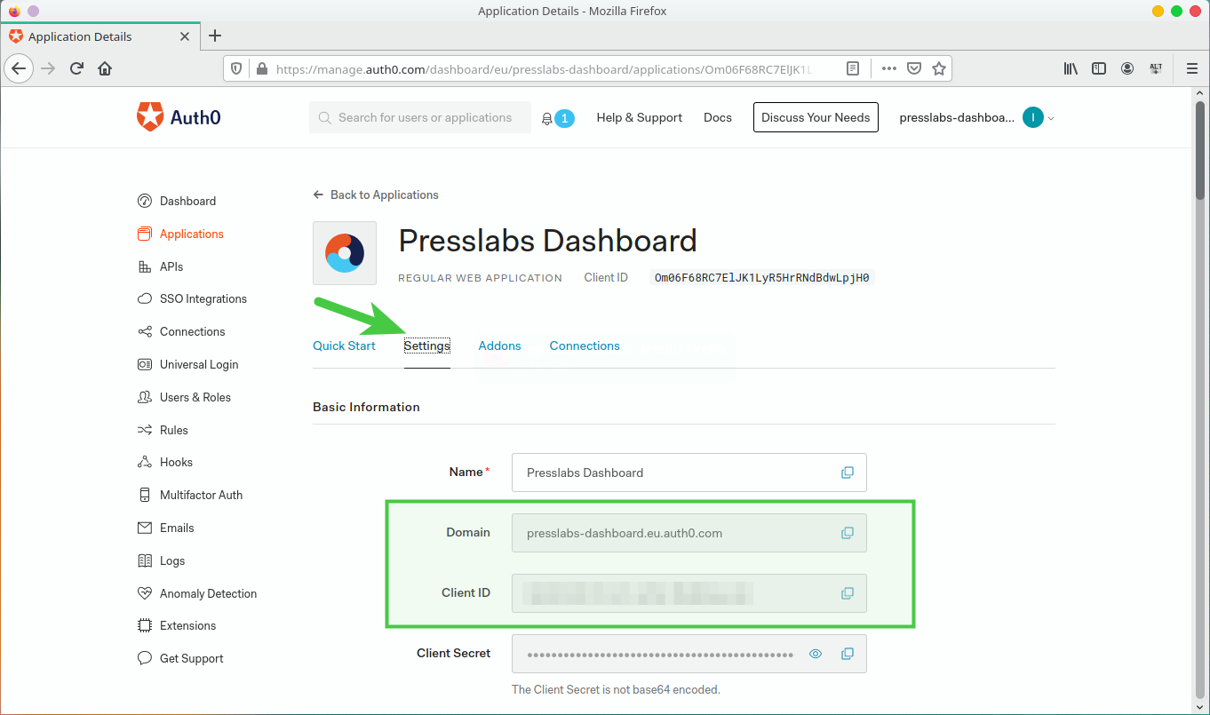 Note down Auth0 application credentials