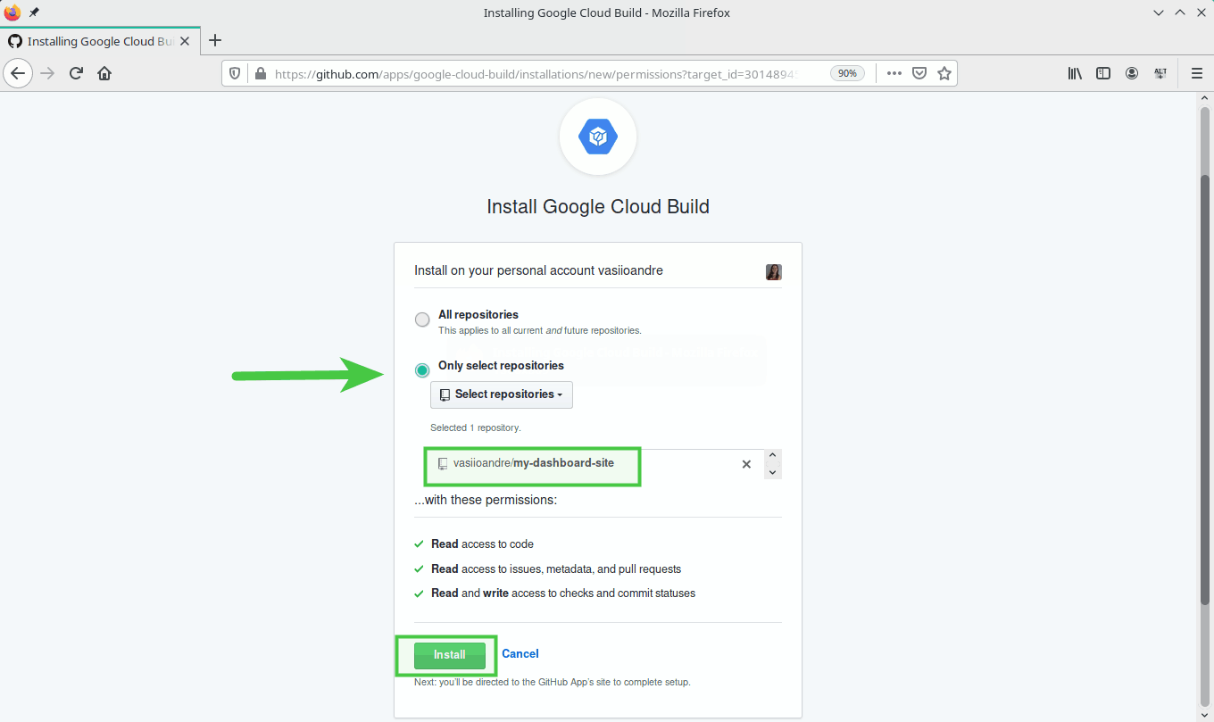 Select the repositories for which to enable access
