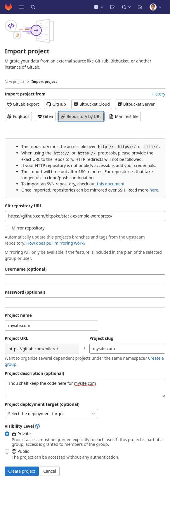 Configure new Gitlab project