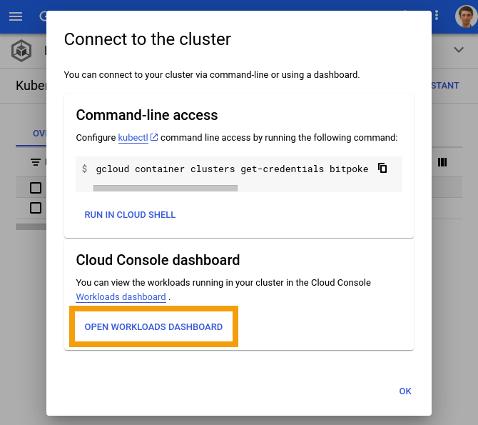 Connect to cluster via console button