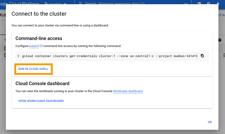 Connect to cluster via Cloud Shell