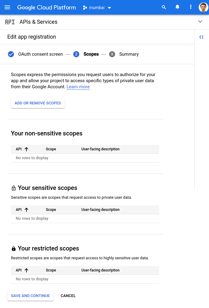 Consent screen edit app registration scope