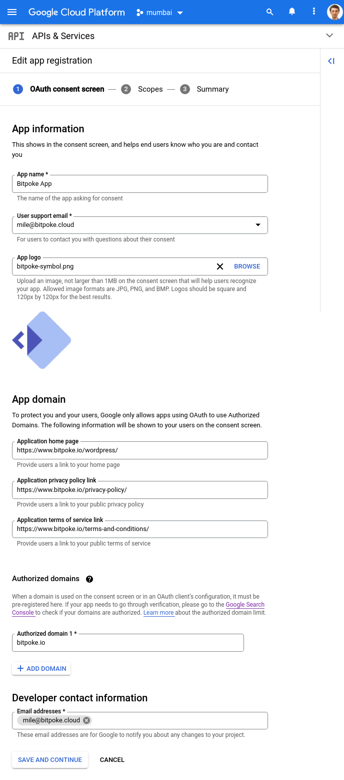 Consent screen edit app registration