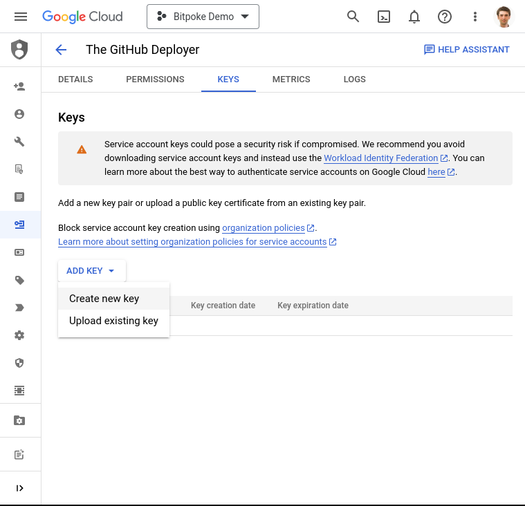 GitHub Service Account Manage create key