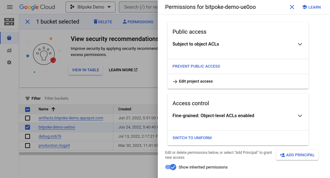 Select bucket and permissions
