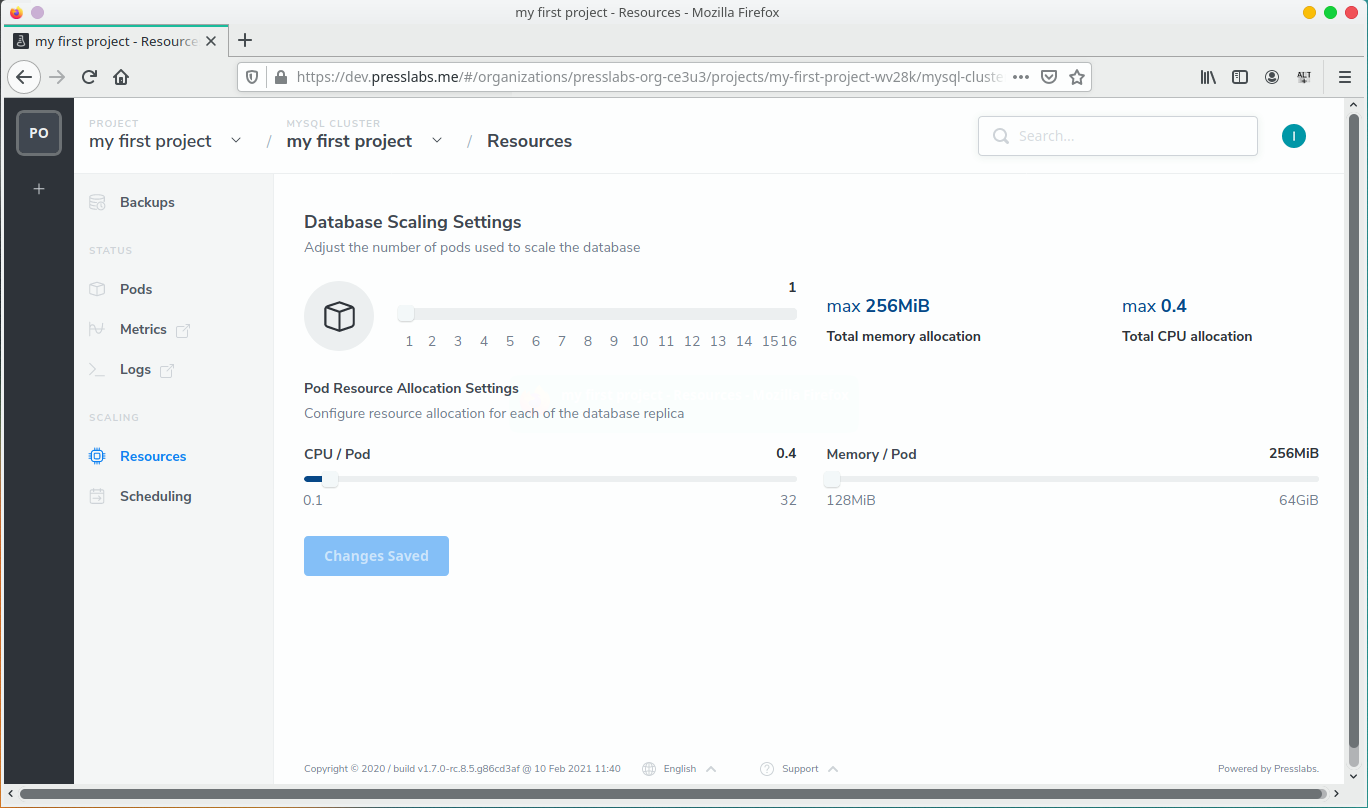 Database scaling settings