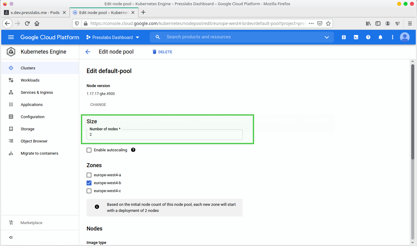 Google Cloud Cluster Edit Nodepool